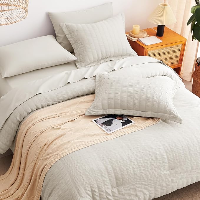 CozyLux Queen Comforter Set Beige Seersucker 7 Pieces Bed in a Bag Queen Comforter Set with Sheets, Luxury Soft Bedding Set with Down Alternative Comforter, Sheets, Pillowcases & Shams for All Seasons