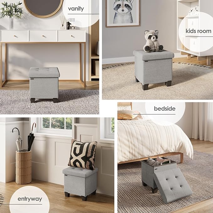 Storage Ottoman Cube with Small Bin, 15-in Square Ottoman with Storage for Living Room and Bedroom, Small Ottomans Foot Rest, Fabric Foot Stools Ottomans Max 330lbs, Light Grey