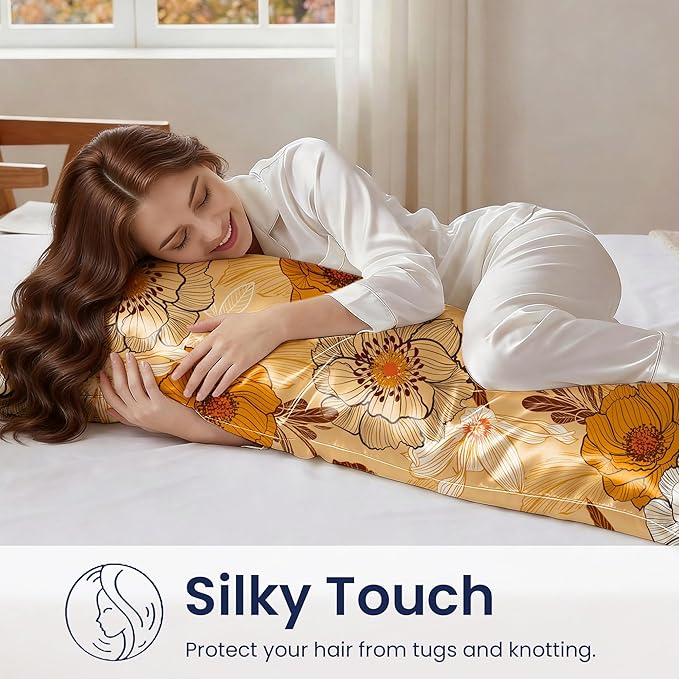 EXQ Home Satin Pillowcase for Hair and Skin - Printed Autumn Flowers Silk Body Pillowcase 20x54 inches - Body Pillow Cases with Envelope Closure, Gifts for Women Men