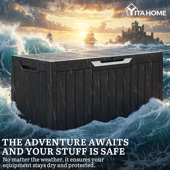 YITAHOME 100 Gallon Large Outdoor Storage Box, Water Resistant Resin Deck Box, Indoor Outdoor Lockable Rattan Storage Container for Patio, Garden, Cushions, Tools, Equipment (Black)