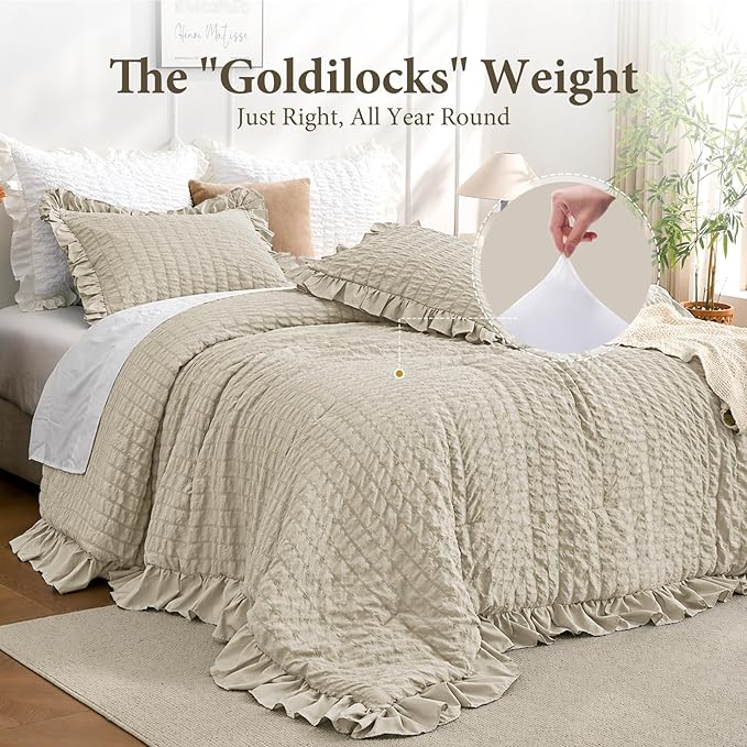JOLLYVOGUE Full Size Comforter, 3 Pieces Linen Seersucker Lightweight Full Size Bedding, All Season Fluffy Microfiber Bedding Comforter Set with 1 Ruffle Comforter and 2 Ruffle Pillowshams