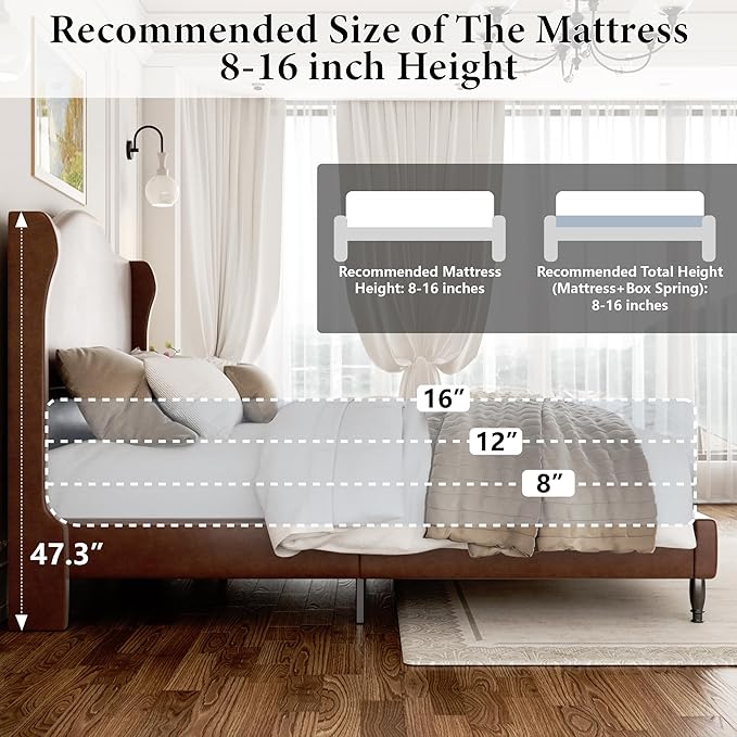 Queen Upholstered Bed Frame with Tall Headboard, Leather Platform Bed Frame with Wingback Sides, Wood Slats Support, Noise-Free Design, No Box Spring Required, Easy Assembly, Dark Brown
