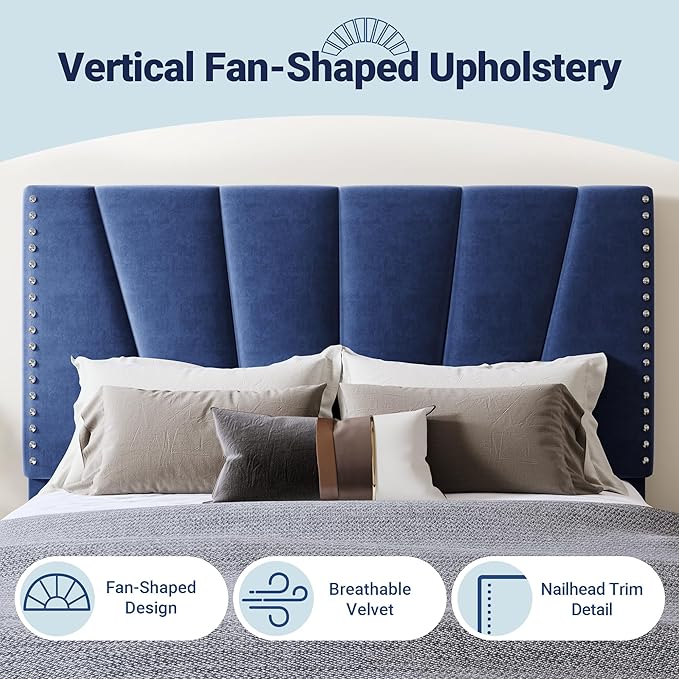 Allewie Full Size Bed Frame with Adjustable Velvet Upholstered Headboard, Rivet-Style Nailhead Trim Detail Platform Bed Frame, Wooden Slat Support, No Box Spring Needed, Easy Assembly, Blue