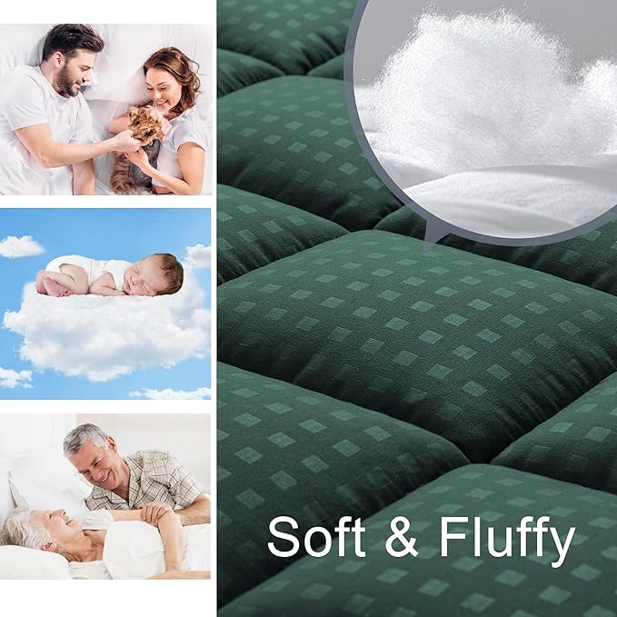 HYLEORY Full Mattress Pad Quilted Fitted Mattress Protector Cooling Pillow Top Mattress Cover Breathable Fluffy Soft Mattress Topper with 8-21" Deep Pocket, Green