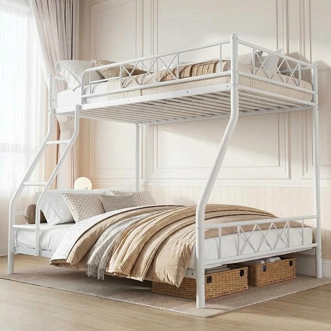 Garvee Bunk Bed Twin Over Full for Adults & Teens, Heavy Duty Metal with Ladder & Safety Rails, No Box Spring Required, Space Efficient Furniture for Bedroom, Dorm, White