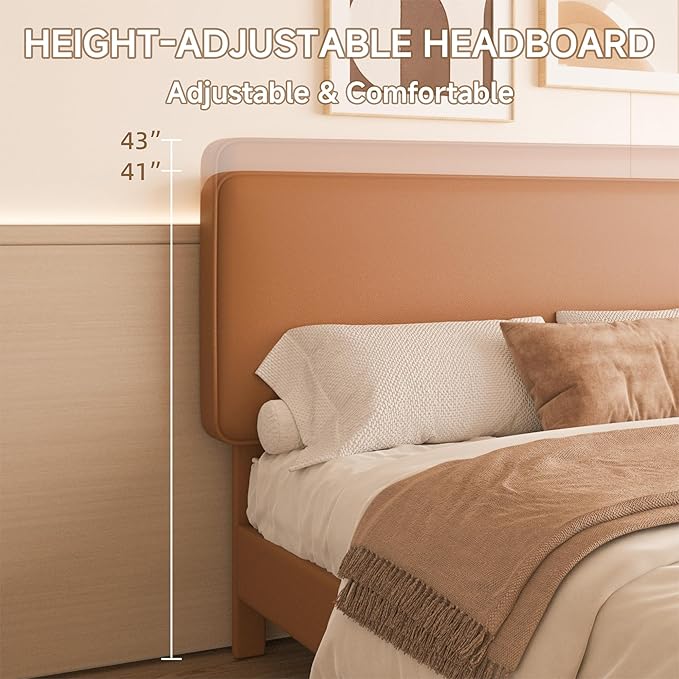 King Size Leather Platform Bed Frame with Adjustable Upholstered Headboard, Solid Wooden Legs, No Box Spring Needed, Easy Assembly, Noise Free, Orange-Brown