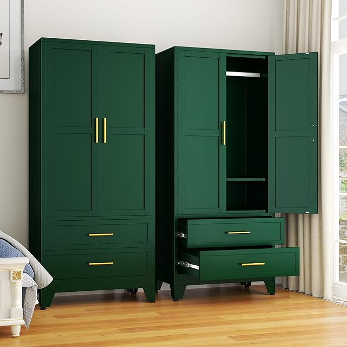 GAIOUS 71" Metal Wardrobe Cabinet with 2 Doors, 1 Adjustable Shelf and 2 Drawers, Metal Clothing Storage Cabinets with Hanging Rod, Armoire Wardrobe Closet for Bedroom, Cloak Room, Gym (Green)