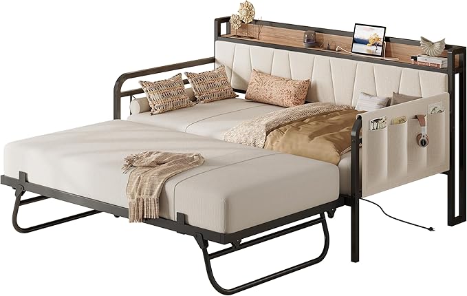 LIKIMIO Twin XL Daybed, Day Bed with Trundle, Storage Upholstered Headboard and Charging Station, Trundle Bed with Strong Supports for Living Room, Bedroom, and Guest Room, Beige