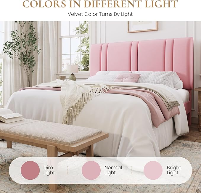 SHA CERLIN Full Size Platform Bed Frame, Velvet Upholstered Bed with Adjustable Headboard, Vertical Channel Tufted Design, Sturdy Wood Slat Support, No Box Spring Needed, Easy Assembly, Pink