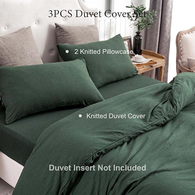 PURE ERA Jersey Knit Duvet Cover Set 100% T-Shirt Cotton Super Soft Comfy 3pc Bedding Set with Zipper Closure (Solid Forest Green, Full)