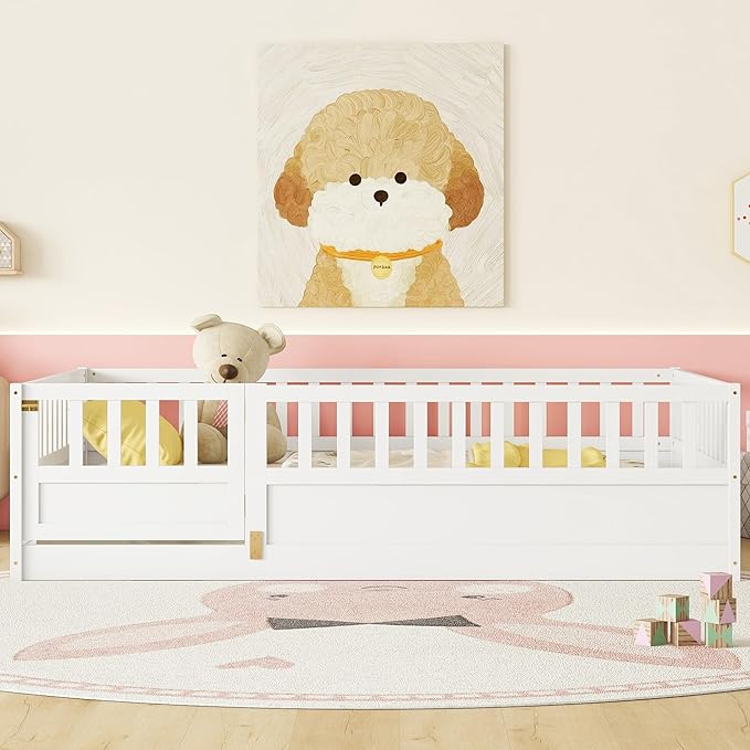 Full Floor Bed with Slats and High Fence, Full Size Montessori Floor Beds with Door, No Box Spring Needed, Easy Assemble Montessori Bed Frame(White Full)