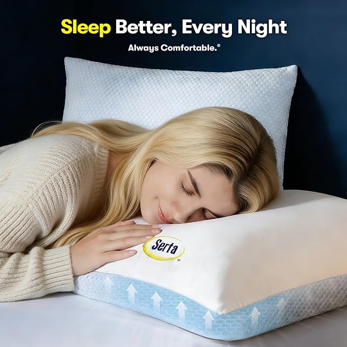 Serta Cooling Down Alternative Bed Pillows Queen Size Set of 2, Reversible Cooling & Cotton Fabric, Medium Firm, Breathable Support for Hot, Side, Back & Stomach Sleepers, 20" x 28"