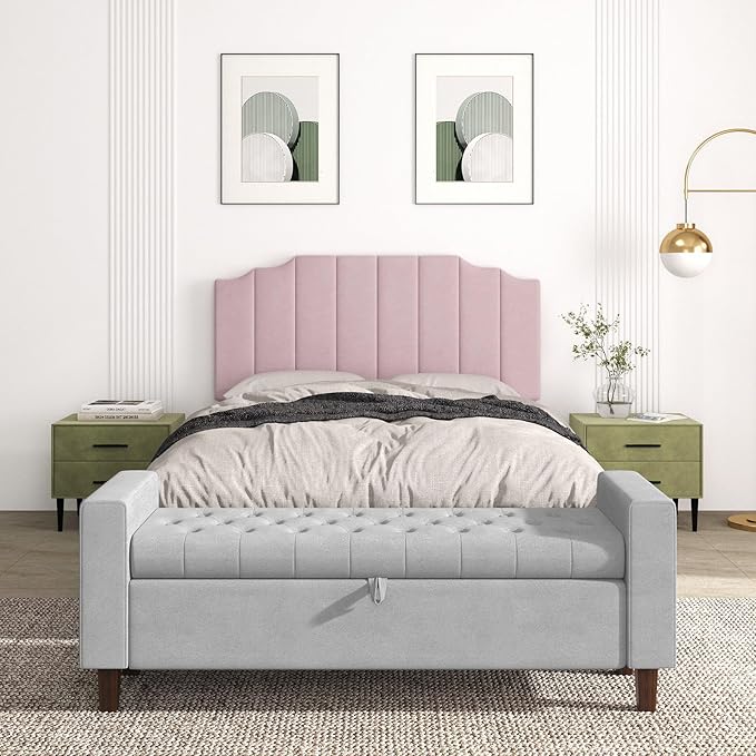Befurtori Queen Size Headboard Only, Velvet Wall Mounted Headboard Queen/Full Size for Adjustable Bed, Modern Vertical Channel Design with Curved Tufted Upholstered Head Board, Pink