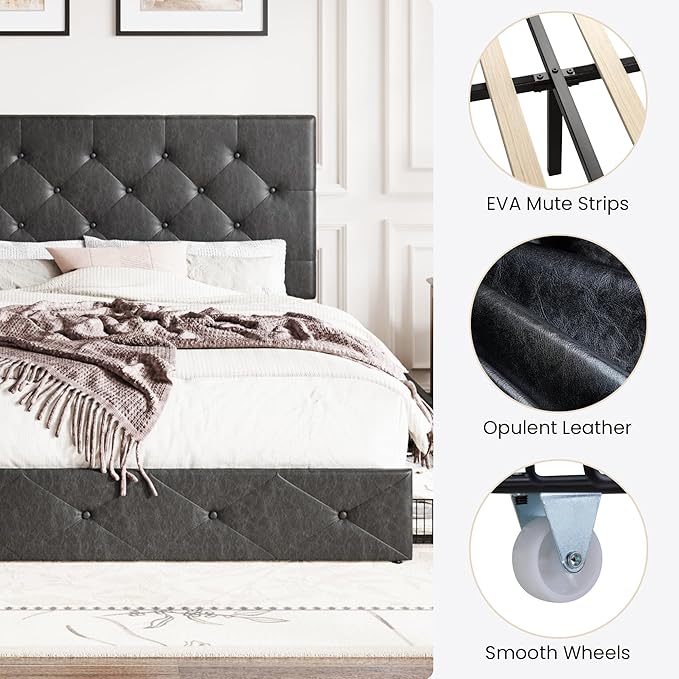 SHA CERLIN Upholstered Queen Platform Storage Bed Frame with 4 Drawers, Adjustable Headboard with Faux Leather Diamond Button Tufted Design, Wooden Slat Support, No Box Spring Needed, Black