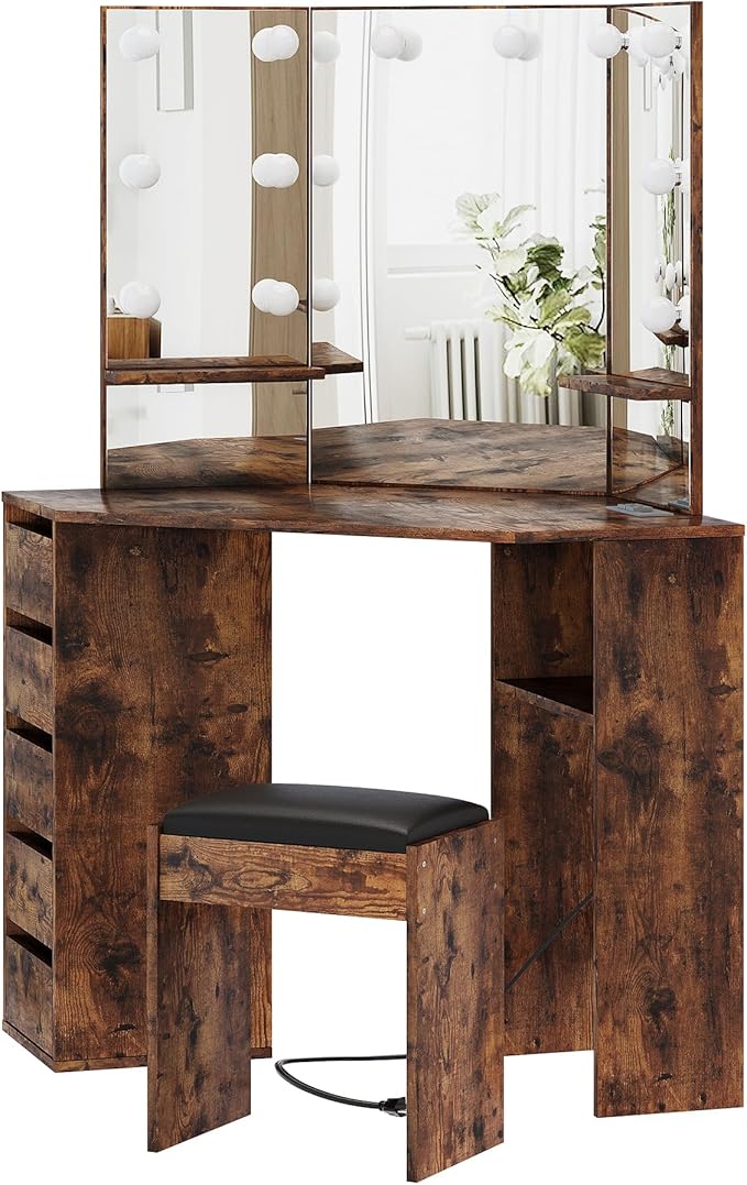 Garvee Corner Vanity Desk and Bench, Makeup Vanity Table with 3-Folding Lighted Mirrors, Charging Station, 5 Drawers for Bedroom