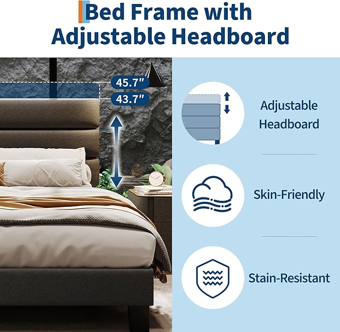 IDEALHOUSE King Bed Frame with Adjustable Headboard, Fabric Upholstered and Wooden Slats Support, Heavy Duty Mattress Foundation, Platform Bed No Box Spring Needed, Easy Assembly, Grey