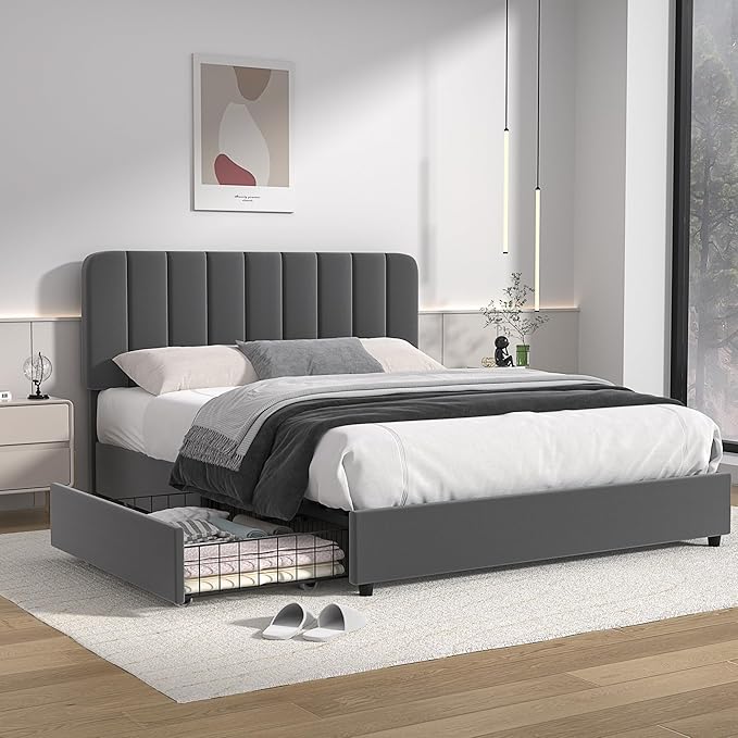 VECELO Full Size Upholstered Bed Frame with 4 Drawers and Headboard, Velvet Platform Storage Bedframe, Wooden Slats Support, No Box Spring Needed,Dark Grey