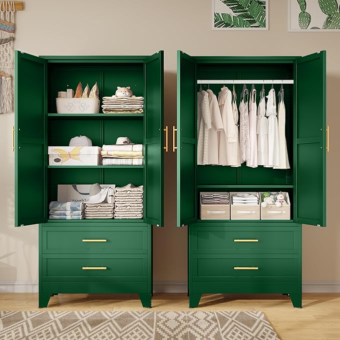 winiowa Metal Armoire Wardrobe Closet with 2 Drawers, 71" Wardrobe Cabinet with Adjustable Shelves and Hanging Rod, Clothing Storage Cabinet Closet for Bedroom-Green