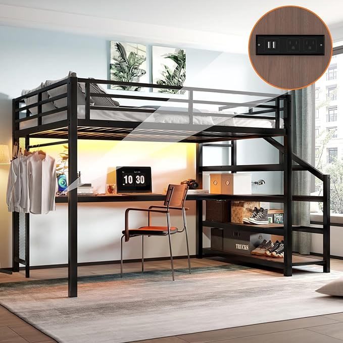 Queen Size Loft Bed with Desk and Storage Stairs,Metal Heavy Duty Loft Bed Queen Size with LED Light, Charging Station, LoftBed Frames for Teens, Adults, No Box Spring Needed, Black