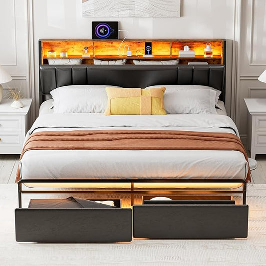 IKIFLY California King Bed Frames with Dustproof Storage Drawers, Ergonomic Hidden Storage headboard with Charging Station, Upholstered LED Cal King Platform Bed, No Box Spring Needed, Black