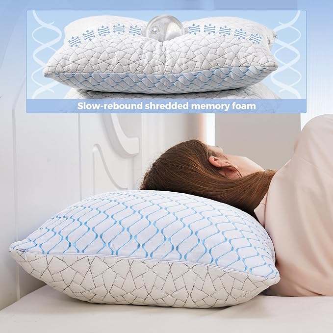 puredown® Pillows Standard Size Set of 2, Shredded Memory Foam Pillows, Cooling Pillow for Sleeping, Bed Pillows Standard Size with Adjustable Foam for Side, Back and Stomach Sleepers