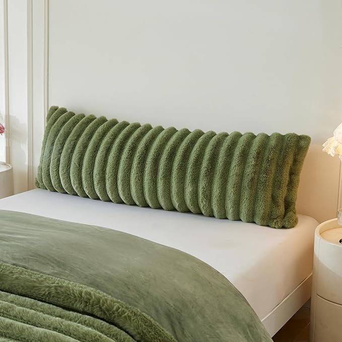 MEGO Fluffy Faux Rabbit Fur Body Pillow Cover, Luxury Plush Fuzzy Striped 20x54 Bedroom Body Pillowcase Moss Green, Furry Long Bed Pillow Case with Zipper for Kids Girls Teens Adults, Sage Green