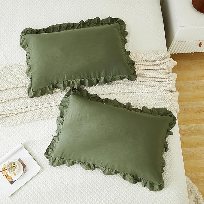 Olive Green Pillow Shams Dark Green Ruffle Queen Pillowcases Cute Pillow Cover Set of 2 Shabby Chic Soft Microfiber Pillowcases 2 Pack (Queen (20''x30''), Olive Green)