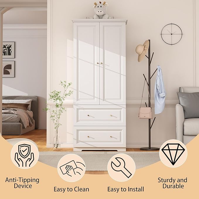 Bedroom Armoire Wardrobe Closet with Drawers: White Wardrobe Closet for Hanging Clothes, Large Wardrobes Storage Closets, Wood Closets Cabinets with Doors and Shelves (White, 31.5")