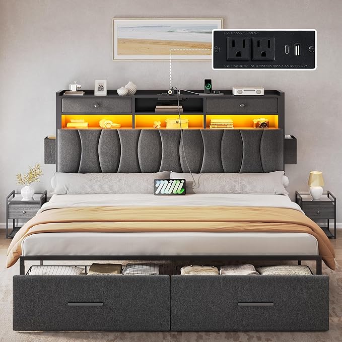 DWVO King Size with 2 Storage Drawers and Charging Station, Linen Upholstered Platform Bed with Storage Headboard and LED Light, Heavy Duty Metal Support, No Box Spring Needed, Noise Free, Grey