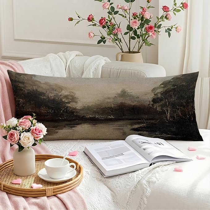 Vintage Moody River Landscape 20x54 Body Pillow Cover, Rustic Farmhouse Country Lake Scenery Decorative Long Body Pillow Cases for Bed Couch