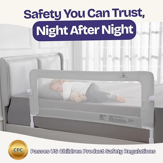 ComfyBumpy Premium Adjustable Bed Rail for Toddlers, Swing-Down Safety Guard, Height Adjusts 24.4"–32.3"H, Extra-Long 55.5", Sturdy Steel & Breathable Mesh, For Twin, Full, Queen & King, Gray, 1-Pack
