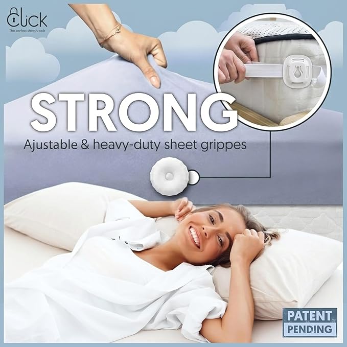 Click Bed Sheet Holder - No Lift Mattress Sheet Clips & Strap for Queen King Size Beds, Sheet Keepers to Keep Sheets on Bed, Heavy Duty Bedsheet Lock Fasteners to Hold Sheets in Place Firm & Tight