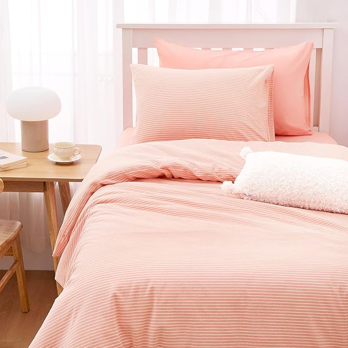 Wake In Cloud - Striped Cotton Duvet Cover Set, 100% Washed Cotton Textured Percale Bedding Set, Ticking Stripe Pinstripe Farmhouse, 3 Pieces, Light Pink, Twin Size