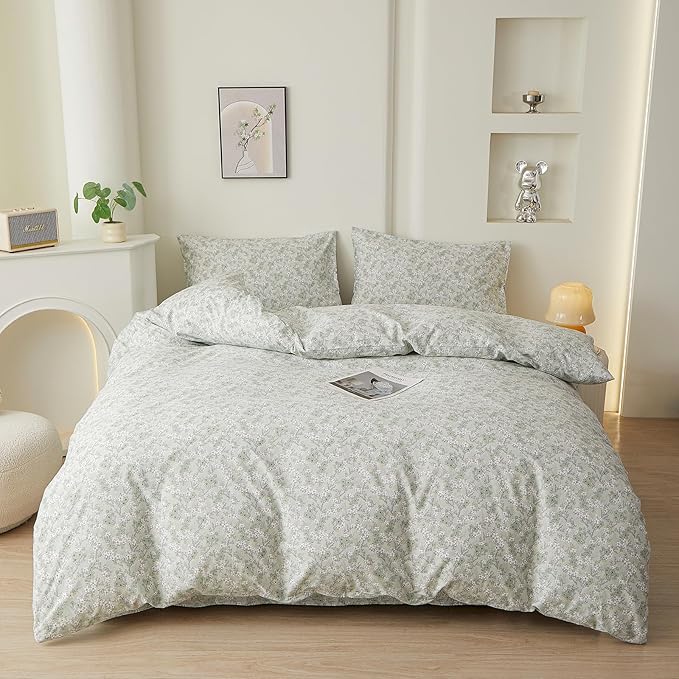 VM VOUGEMARKET Vintage Green Flower Duvet Cover Set Queen Fresh Botanical Bedding Set 100% Cotton Reversible Vintage Comforter Cover with Zipper&Ties