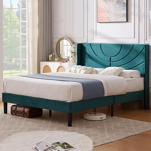 VECELO Queen Bed Frame Upholstered Platform with Fabric Headboard,Wooden Slats Support/No Box Spring Needed/Mattress Foundation,Dark Green