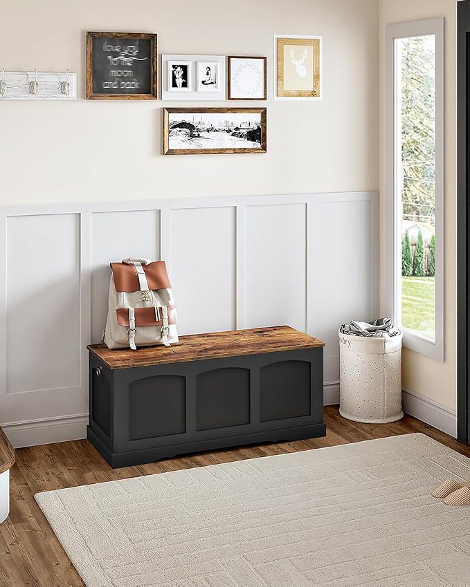 CHOEZON 39.4" Storage Chest Bench with Lift Lid, Toy Chest with Safety Hinge, Entryway Shoe Bench, Wooden Storage Trunk, Holds up to 220 lb, for Living Room, Bedroom, Black and Rustic Brown MCW12BF