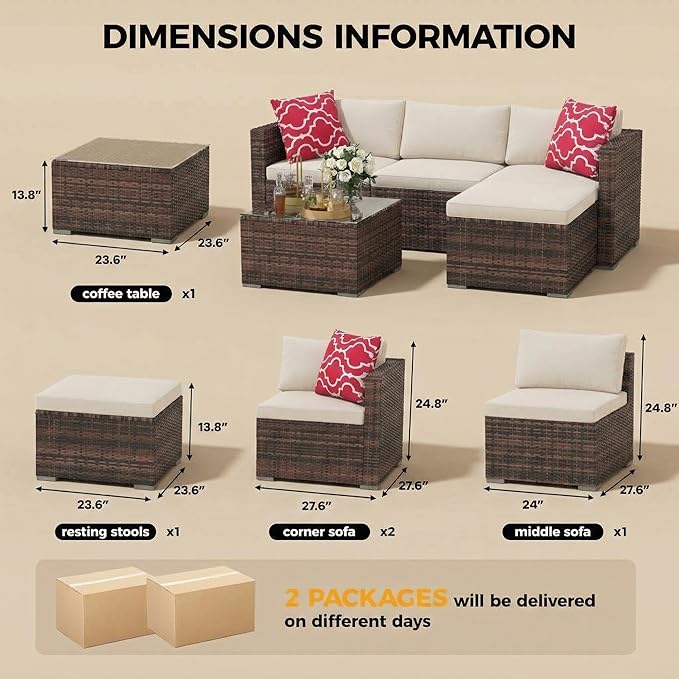 5-Piece Patio Sectional Sofa Set, All-Weather Brown PE Rattan Outdoor Conversation Furniture with Neutral-Tone Cushions, Glass Coffee Table & Footstool, Modular Design for Garden, Porch, Balcony, Pool