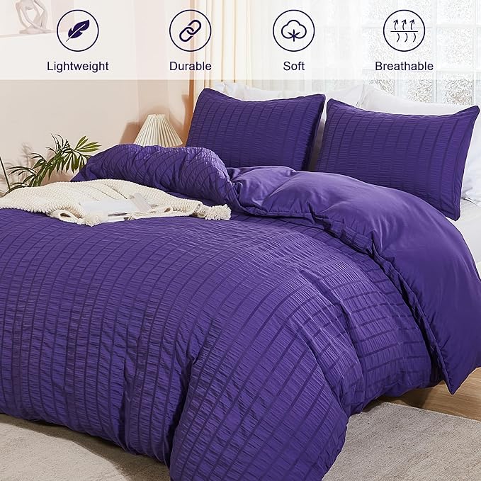 AveLom Dark Purple Duvet Cover Full(80 x 90 inches), 3 Pieces (1 Duvet Cover, 2 Pillow Cases),Seersucker Tripe Soft Washed Microfiber Textured Duvet Cover Set with Zipper Closure, Corner Ties