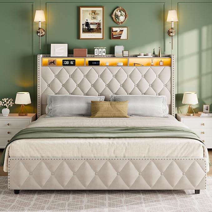 GarveeHome Queen Bed Frame with 50.8 in Tall Headboard, Platform Velvet Upholstered Bed Frame with 4 Storage Drawers, USB Charging Station, Led Lights, No Box Spring Needed, Easy Assembly, Beige