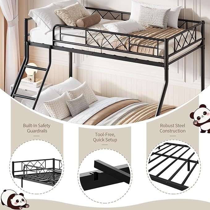 Garvee Metal Bunk Bed Twin Over Full, Heavy Duty Frame with Ladder & Guardrails, Sturdy Metal Slats, No Box Spring Needed, Space Saving for Dorm, Bedroom, Apartment, Matte Black
