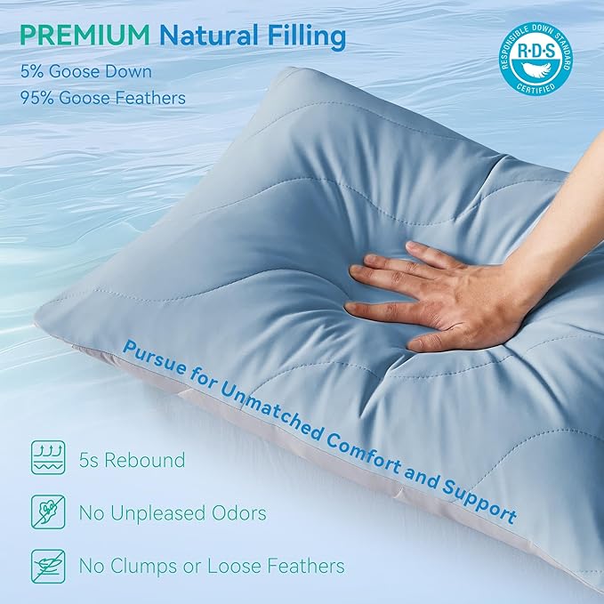 Three Geese Cooling Goose Feather Down Pillows Queen Size Set of 1, Q-Max>0.45, Cool Hotel Bed Pillows for Hot Sleepers, Washable Removable Cover, 20" x 30"