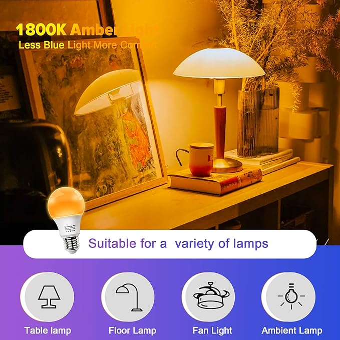 Amber Sleep Light Bulbs, Blue Light Blocking, A19 9W(60 Watt Equivalent) Dim Light Bulbs for Lamp, 1800K Warm Light Bulb, E26 for Healthy Sleep Bedroom Kids Room, 4.30X2.35X2.35 Inch, 2 Pack