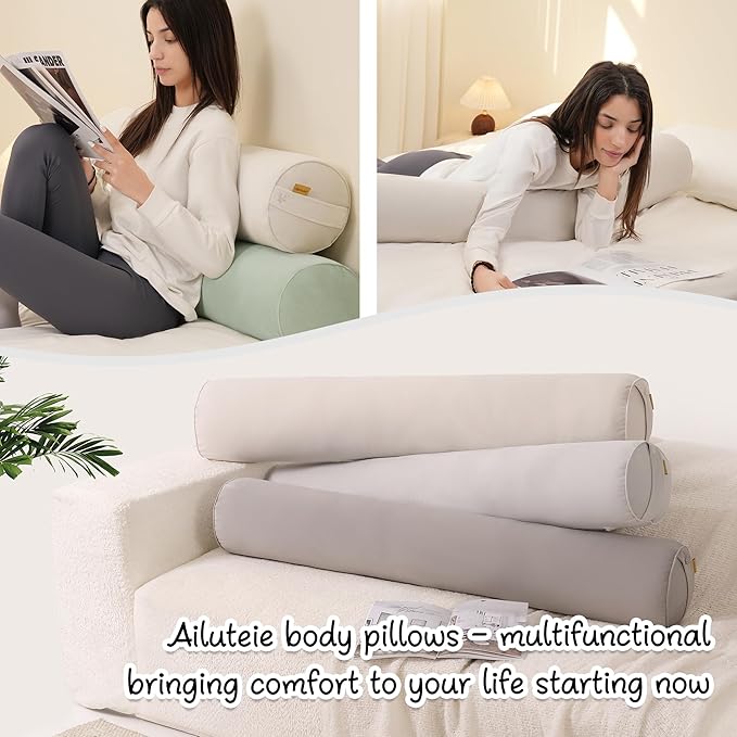 Body Pillow for Adults,Long Round Pillow,Big Cylindrical Pillow,Large Full Bolster Pillows for Side Sleepers (Misty White, 59"*7.87")