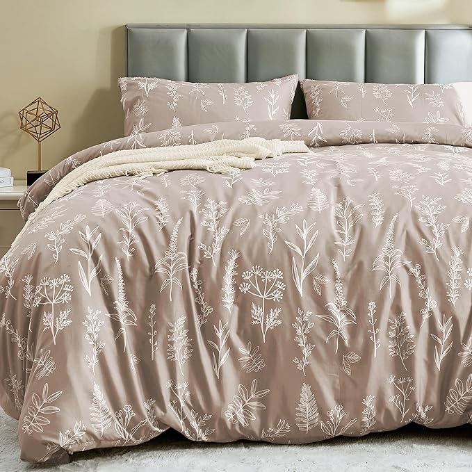 MUXHOMO Duvet Cover King Size, Reversible Floral Taupe Duvet Cover Set with Zipper Closure, 3 Pieces Botanical Patterns Soft Microfiber Bedding Set with 4 Ties (90"x104", 2 Pillow Cases)