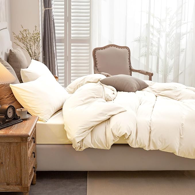 PURE ERA Jersey Knit Duvet Cover Set 100% T-Shirt Cotton Super Soft Comfy 3pc Bedding Set with Zipper Closure (Solid Creamy White, Full)