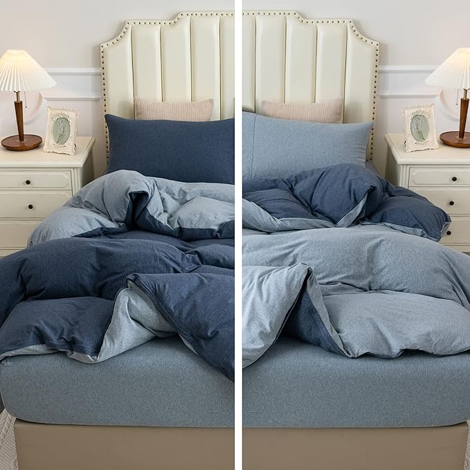 PURE ERA Jersey Knit Duvet Cover Set 100% T-Shirt Cotton Super Soft Comfy 3pc Bedding Set with Zipper Closure (Solid Navy/Blueish Grey, Queen)