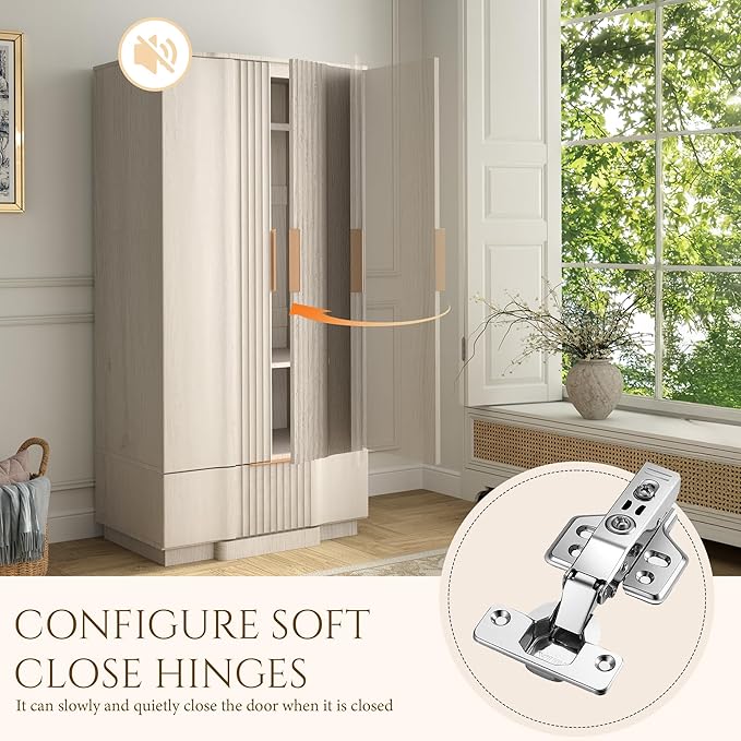 Yechen 67" Fluted Armoire Wardrobe Closet with Doors and Drawer, Wooden Wardrobe Cabinet with Adjustable Shelve, Modern Small Armoires for Hanging Clothes Coats for Bedroom, White Grey