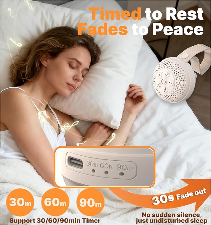 White Noise Machine with 16 Soothing Sounds and Voice Recording， Portable Sleep Sound Therapy with 3 Night Lights， Rechargeable Timer for Baby Adults Travel
