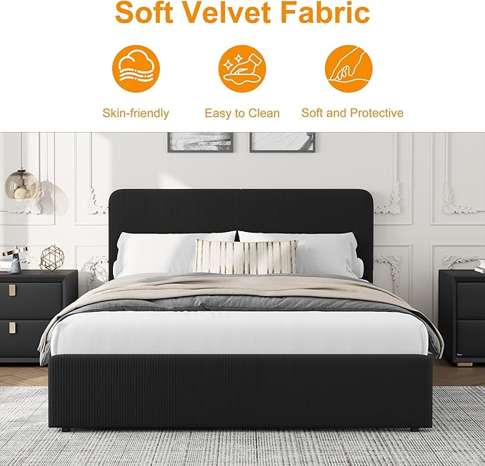 GarveeHome Modern Upholstered Platform Bed Frame with Headboard and Storage Drawers – Soft Fabric Corduroy Black, PU/Faux Leather, Sturdy Wood Slat Support, No Box Spring Needed, Easy Assembly – Full