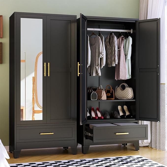 RIETERN Metal Armoire Wardrobe Closet, 71" Tall Bedroom Closet with Mirror, 1 Drawer, Adjustable Shelves, and Hanging Rod, Steel Clothes Closets and Storage, for Bedroom Black